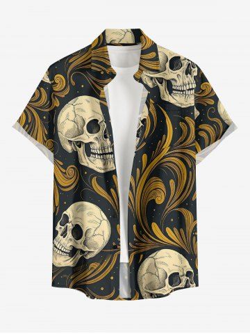 Plus Size Skulls Floral Pattern Print Buttons Pocket Hawaii Shirt For Men - BLACK - S