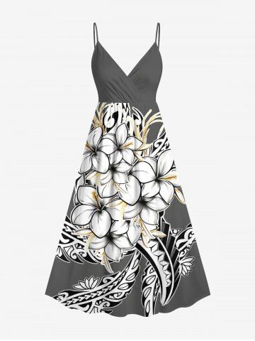 Plus Size Hibiscus Flowers Leaf Print Surplice Hawaii Cami Dress - GRAY - XS