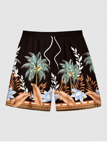 Plus Size Coconut Tree Tropical Leaf Flower Print Hawaii Drawstring Beach Shorts For Men - DEEP BROWN - 8XL