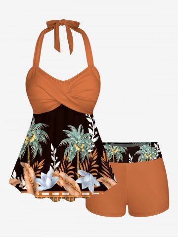 Coconut Tree Tropical Leaf Flower Print Hawaii Twist Halter Boyleg Tankini Swimsuit - DEEP BROWN - 5X