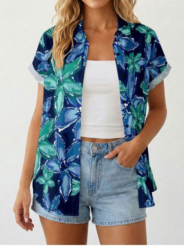 Women's Two Tone Flower Print Hawaii Shirt - DEEP BLUE - L