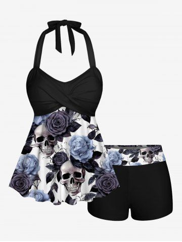 Maillot de bain tankini imprimé crânes, roses, fleurs et feuilles, motif Hawaï, haut dos nu à torsion et culotte shorty - BLUE GRAY - S