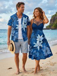 Flowers Leaf Print Matching Hawaii Beach Outfit For Couples - Bleu 