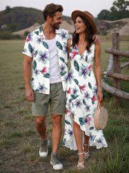 Flowers Leaf Print Matching Hawaii Beach Outfit For Couples - Blanc 