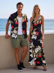 Coconut Tree Tropical Leaf Hibiscus Flower Print Matching Hawaii Beach Outfit For Couples -  
