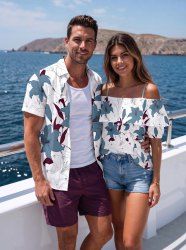 Flowers Leaf Print Matching Hawaii Beach Outfit For Couples - Blanc 