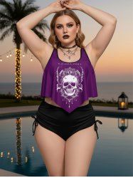 Plus Size & Curve Gothic Skull Print Ruffled Overlay Tankini Swimwear -  