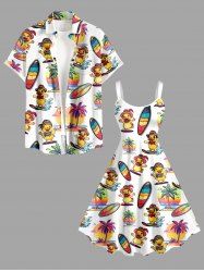 Ducks Surfing Board Coconut Tree Print Matching Hawaii Beach Outfit For Couples - Blanc 