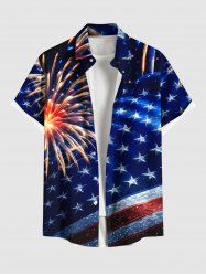 Patriotic American Flag Fireworks Print Buttons Pocket Shirt For Men -  