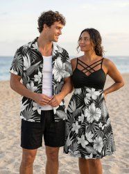 Hibiscus Flower Tropical Leaf Print Matching Hawaii Beach Outfit For Couples -  
