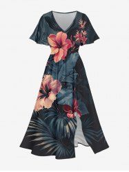 Hibiscus Flowers Tropical Leaf Print Split Hawaii Midi Dress - Noir 1X
