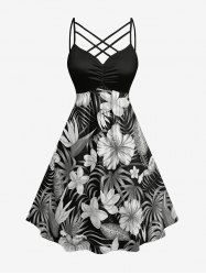 Hibiscus Flower Tropical Leaf Print Ruched Lattice Crisscross Straps Hawaii Dress -  