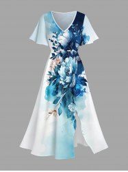 Plus Size Flower Leaf Painting Splatter Print Split Hawaii Midi Dress -  