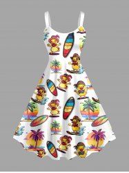 Ducks Surfing Board Coconut Tree Print Hawaii Tank Dress - Blanc S