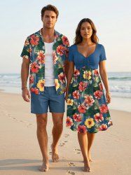 Hibiscus Flower Tropical Leaf Print Matching Hawaii Beach Outfit For Couples - Cadetblue 