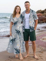 Flowers Leaf Print Matching Hawaii Beach Outfit For Couples -  
