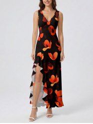 Petal Flower Print Hawaii Ruffles Split Dress -  