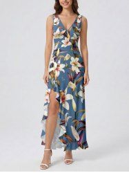Flowers Leaf Print Hawaii Ruffles Split Surplice Dress -  