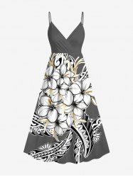 Hibiscus Flowers Leaf Print Surplice Hawaii Cami Dress - Gris 1X