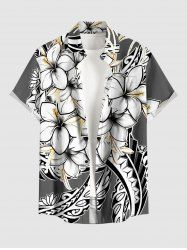 Hibiscus Flowers Leaf Print Buttons Pocket Hawaii Shirt For Men - Gris M