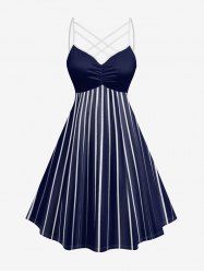 Striped Light Beam Print Hawaii Ruched Crisscross Strappy A Line Dress - Bleu Marine XS