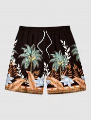 Plus Size Coconut Tree Tropical Leaf Flower Print Hawaii Drawstring Beach Shorts For Men -  