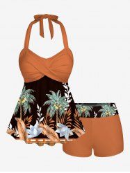 Coconut Tree Tropical Leaf Flower Print Hawaii Twist Halter Boyleg Tankini Swimsuit -  
