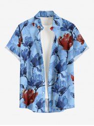 Flower Branch Print Hawaii Button Pocket Shirt For Men -  