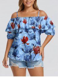 Flower Branch Print Hawaii Cold Shoulder Ruffles Blouse - Bleu Marine 3XL