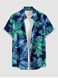 Men's Plus Size Two Tone Flower Print Hawaii Button Pocket Shirt - Bleu profond 5XL