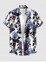 Chemise hawaïenne pour homme à imprimé crânes, roses et feuilles, à boutons et poche - Bleu-gris 6XL