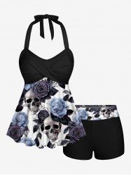 Maillot de bain tankini imprimé crânes, roses, fleurs et feuilles, style Hawaï, bretelles torsadées à nouer au cou et bas shorty - Bleu-gris XS