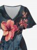 Hibiscus Flowers Tropical Leaf Print Split Hawaii Midi Dress - Noir 1X