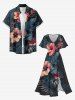 Hibiscus Flowers Tropical Leaf Print Split Hawaii Midi Dress - Noir 1X
