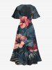 Hibiscus Flowers Tropical Leaf Print Split Hawaii Midi Dress - Noir 1X