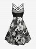 Hibiscus Flower Tropical Leaf Print Ruched Lattice Crisscross Straps Hawaii Dress -  