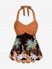 Coconut Tree Tropical Leaf Flower Print Hawaii Twist Halter Boyleg Tankini Swimsuit -  