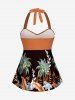 Coconut Tree Tropical Leaf Flower Print Hawaii Twist Halter Boyleg Tankini Swimsuit -  