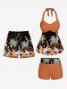 Coconut Tree Tropical Leaf Flower Print Hawaii Twist Halter Boyleg Tankini Swimsuit -  