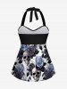 Maillot de bain tankini imprimé crânes, roses, fleurs et feuilles, style Hawaï, bretelles torsadées à nouer au cou et bas shorty - Bleu-gris XS