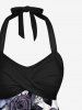 Maillot de bain tankini imprimé crânes, roses, fleurs et feuilles, style Hawaï, bretelles torsadées à nouer au cou et bas shorty - Bleu-gris XS