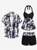 Maillot de bain tankini imprimé crânes, roses, fleurs et feuilles, style Hawaï, bretelles torsadées à nouer au cou et bas shorty - Bleu-gris XS