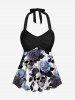Maillot de bain tankini imprimé crânes, roses, fleurs et feuilles, style Hawaï, bretelles torsadées à nouer au cou et bas shorty - Bleu-gris XS