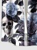 Chemise hawaïenne pour homme à imprimé crânes, roses, fleurs et feuilles, boutonnée avec poche - Bleu-gris 5XL