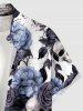 Chemise hawaïenne pour homme à imprimé crânes, roses et feuilles, à boutons et poche - Bleu-gris 6XL