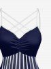 Striped Light Beam Print Hawaii Ruched Crisscross Strappy A Line Dress - Bleu Marine XS