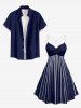 Striped Light Beam Print Hawaii Ruched Crisscross Strappy A Line Dress - Bleu Marine XS