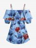 Flower Branch Print Hawaii Cold Shoulder Ruffles Blouse - Bleu Marine 5XL
