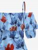 Flower Branch Print Hawaii Cold Shoulder Ruffles Blouse - Bleu Marine 5XL