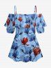 Flower Branch Print Hawaii Cold Shoulder Ruffles Blouse - Bleu Marine 5XL